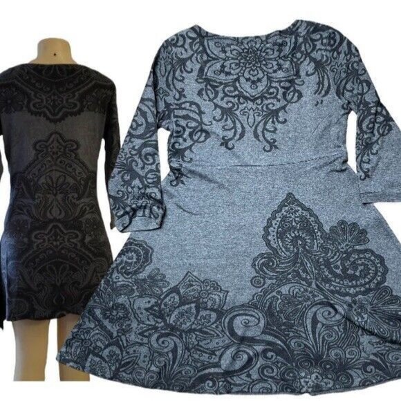 Renuar A-Line Mini Dress Small Gray Mandalas Print 3/4 Sleeves Stretch - Picture 2 of 12